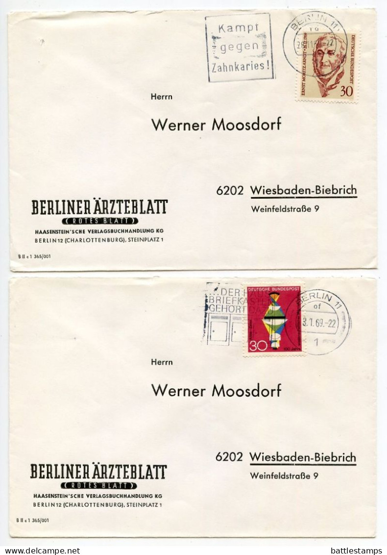 Germany, Berlin 1960'-1980's 16 Covers to Wiesbaden with Mix of West German Stamps & CDS Machine Cancels with Slogans