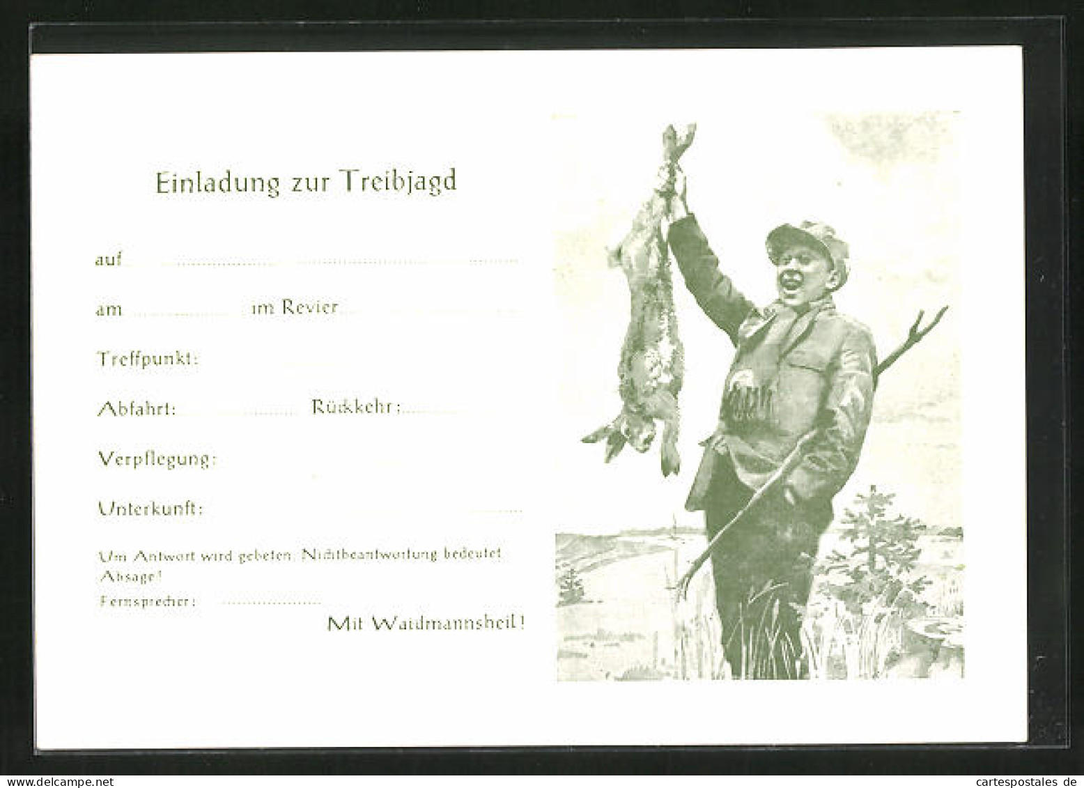 AK Einladung Zur Treibjagd, Jäger Präsentiert Stolz Seinen Geschossenen Hasen  - Caccia