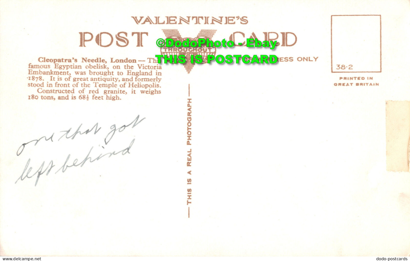 R408459 London. Cleopatras Needle. Valentine. RP - Other & Unclassified