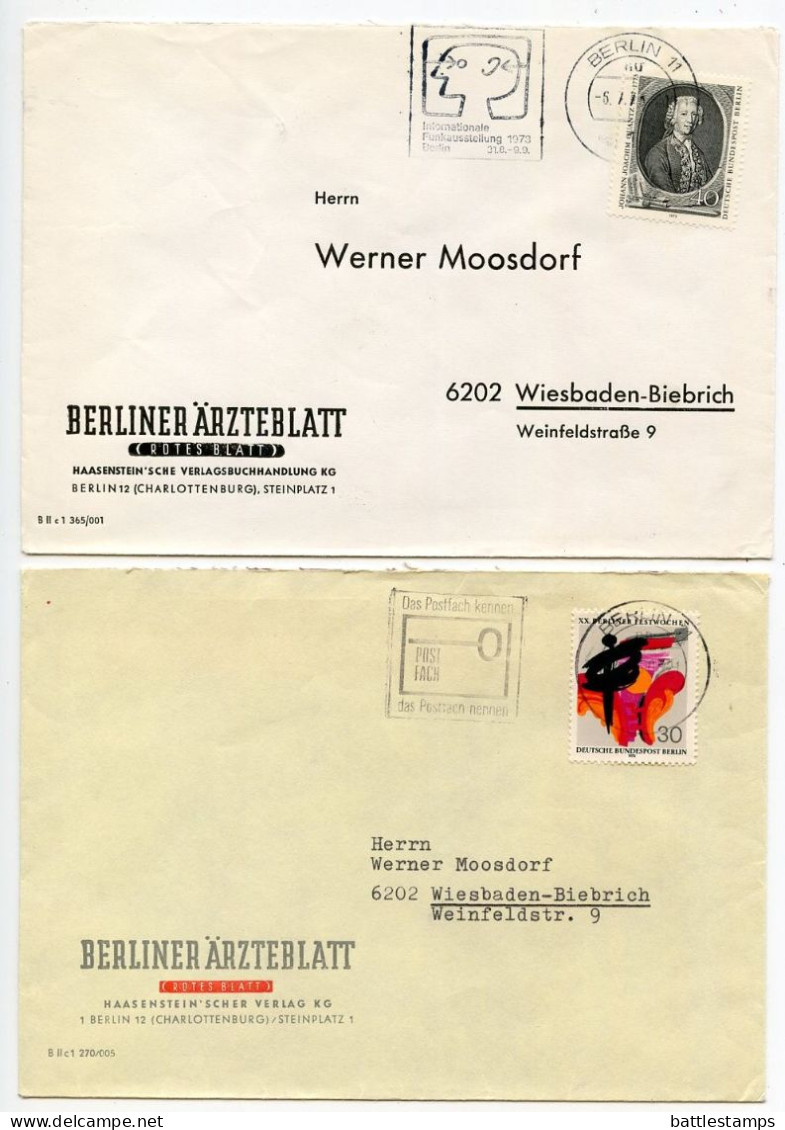 Germany, Berlin 1960'-1980's 33 Covers to Wiesbaden with Mix of Berlin Stamps & CDS Machine Cancels with Slogans