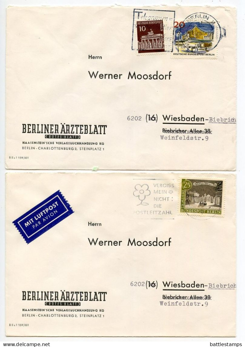 Germany, Berlin 1960'-1980's 33 Covers to Wiesbaden with Mix of Berlin Stamps & CDS Machine Cancels with Slogans