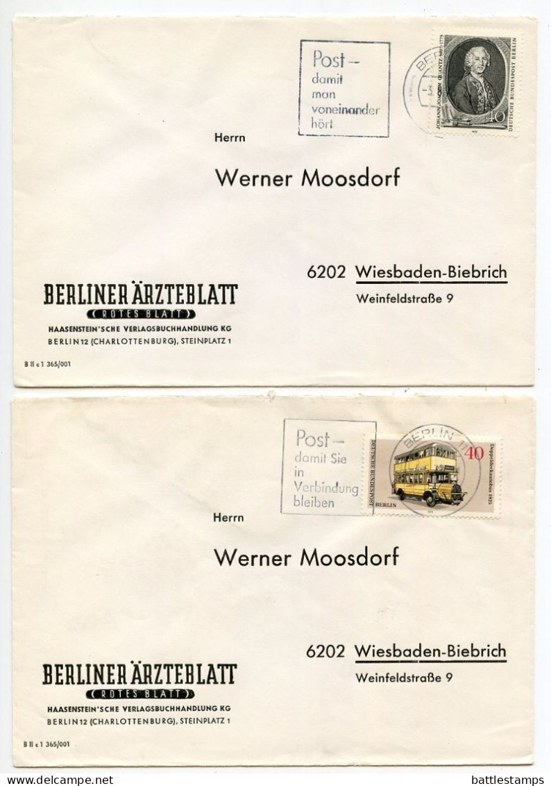 Germany, Berlin 1960'-1980's 33 Covers to Wiesbaden with Mix of Berlin Stamps & CDS Machine Cancels with Slogans