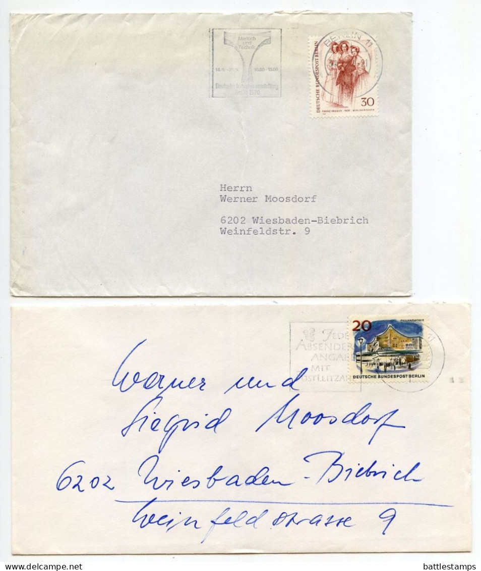 Germany, Berlin 1960'-1980's 33 Covers to Wiesbaden with Mix of Berlin Stamps & CDS Machine Cancels with Slogans