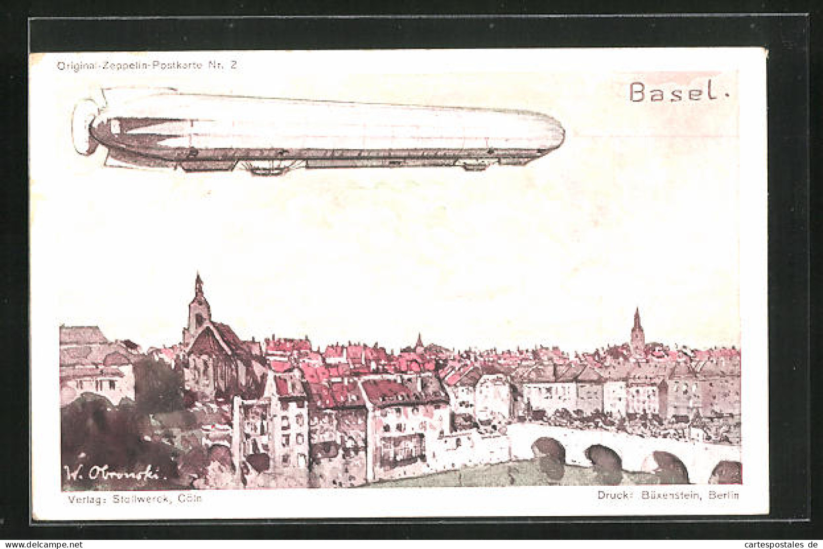 Künstler-AK Basel, Zeppelinfahrt über Die Stadt, Stollwerk Kakao  - Cultures