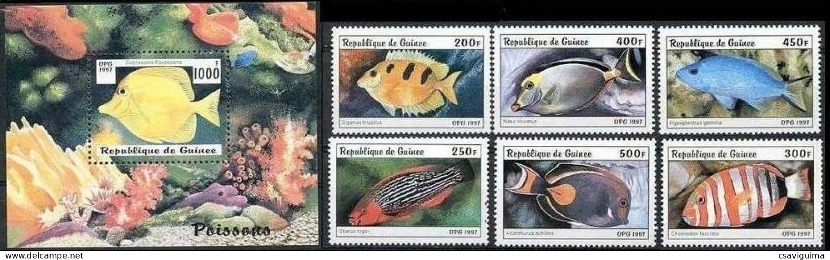 Guinea (Guinée) - 1997- Fish - Yv 1123/28 + Bf 122 - Fishes