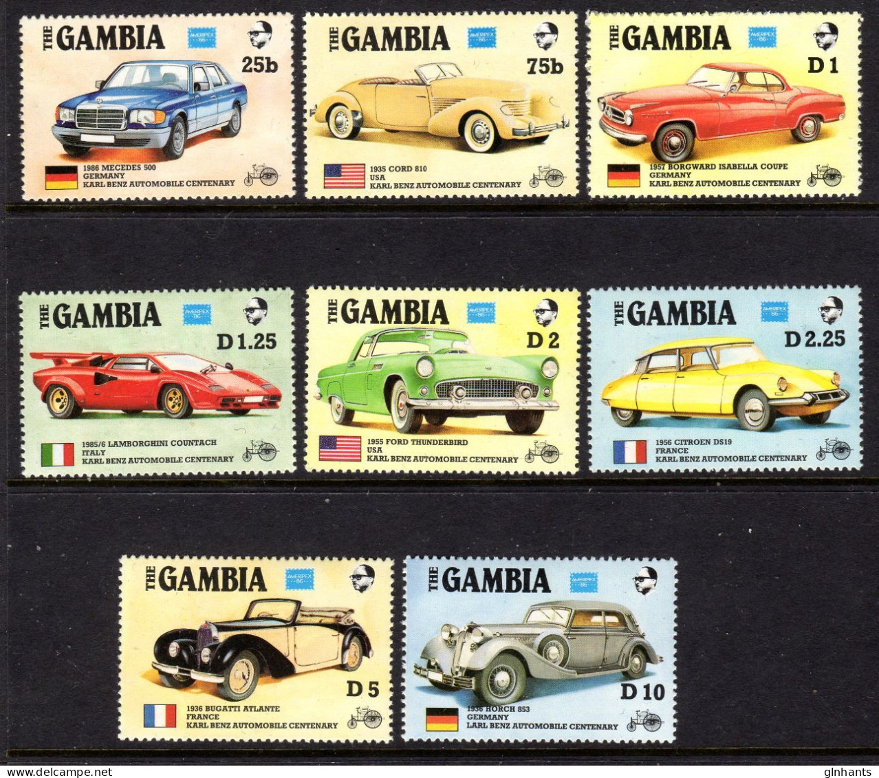 GAMBIA - 1986 AMERIPEX CARS SET (8V) FINE MNH ** SG 650-657 - Gambie (1965-...)