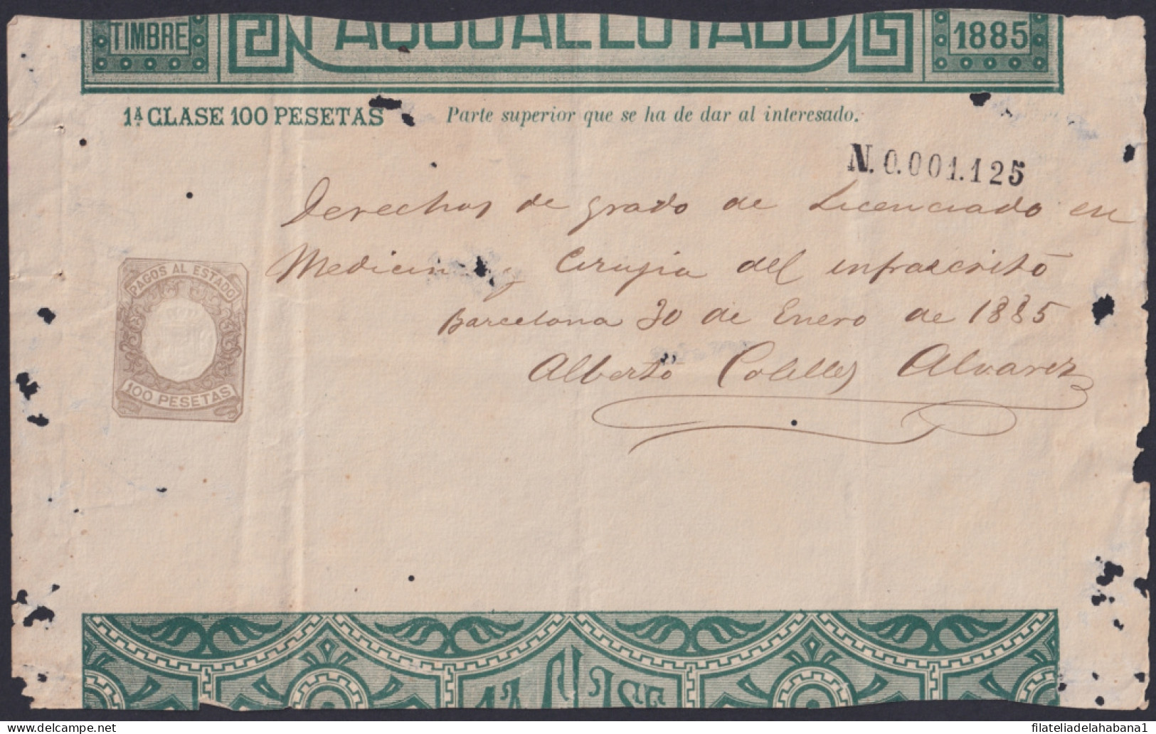 E6533 ESPAÑA SPAIN 1885 INGRESOS PAGOS AL ESTADO 100 Ptas BARCELONA.  - Revenue Stamps