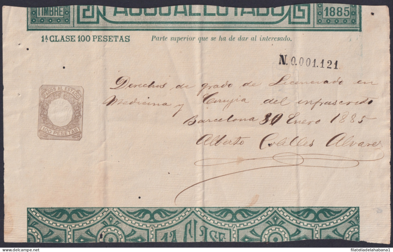 E6534 ESPAÑA SPAIN 1885 INGRESOS PAGOS AL ESTADO 100 Ptas BARCELONA.  - Revenue Stamps