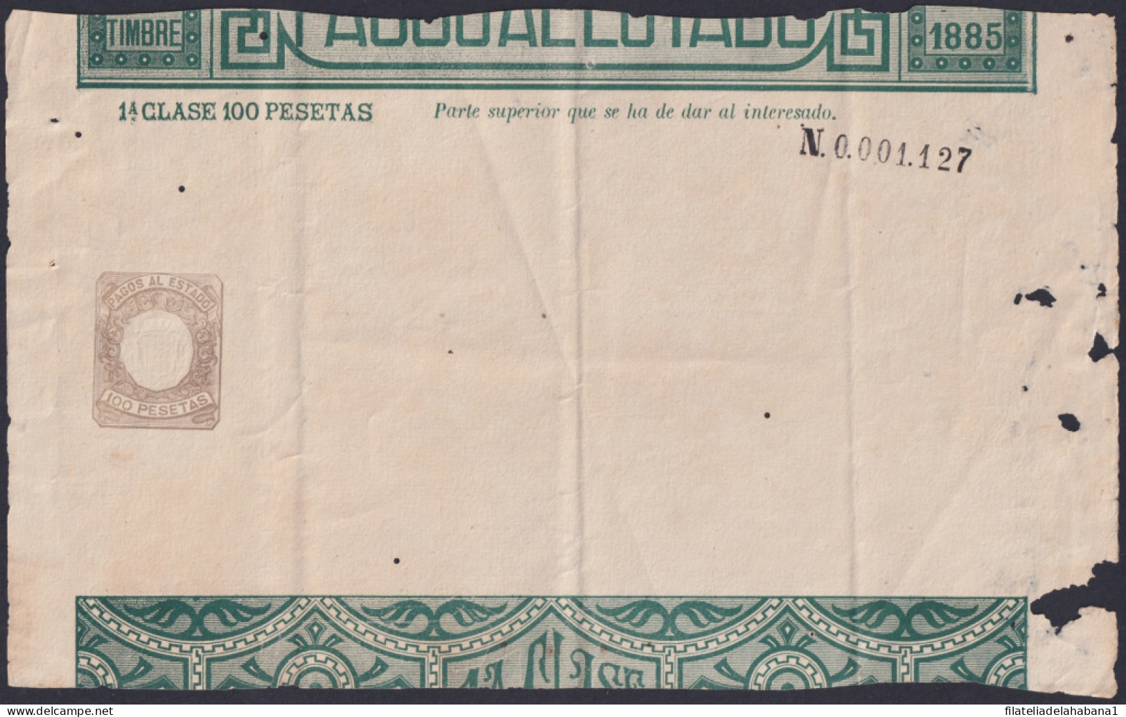 E6535 ESPAÑA SPAIN 1885 INGRESOS PAGOS AL ESTADO 100 Ptas UNUSED.   - Revenue Stamps