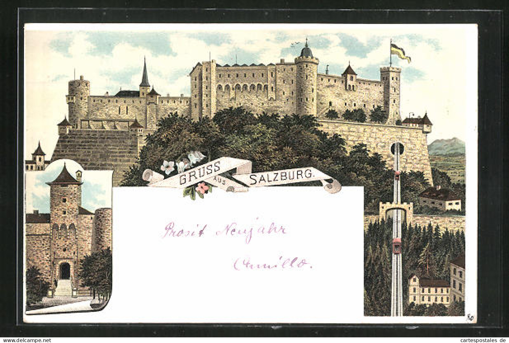 Lithographie Salzburg, Blick Zur Burg, Eingang  - Other & Unclassified