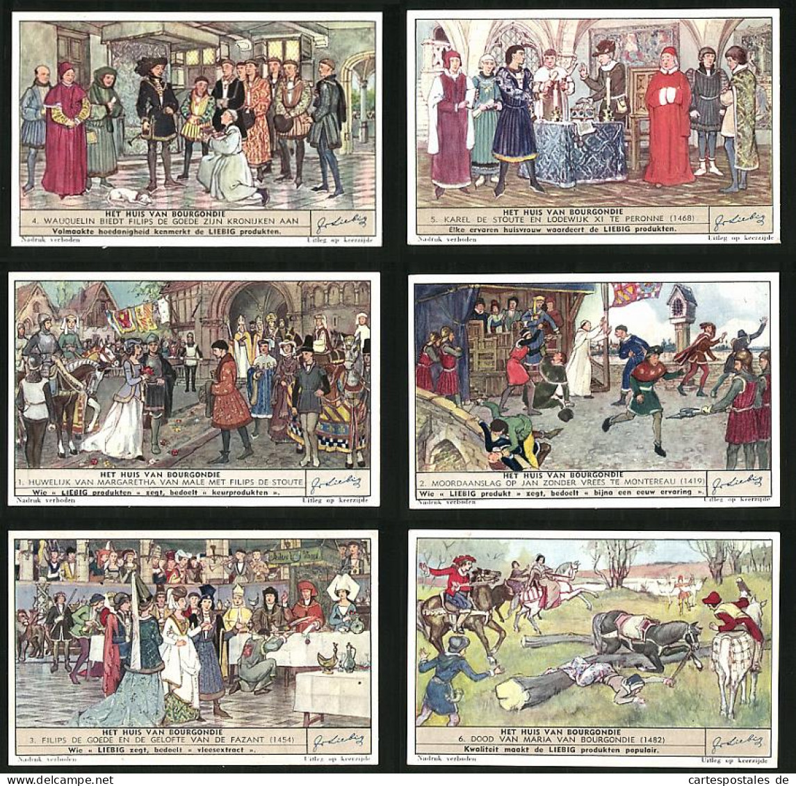 6 Sammelbilder Liebig, Serie Nr. 1513: Het Huis Van Bourgondie, Mittelalter, Geistliche, Hochzeit  - Liebig
