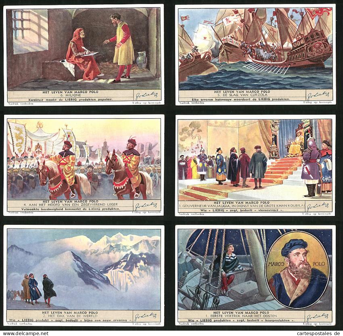 6 Sammelbilder Liebig, Serie Nr. 1431: Het Leven Van Marco Polo, Schifffahrt, Mittelalter, Berge  - Liebig