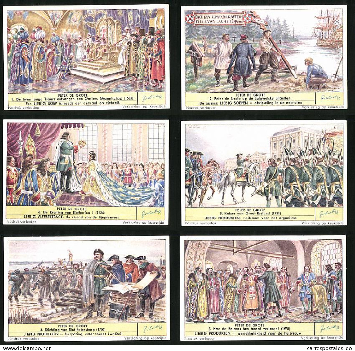 6 Sammelbilder Liebig, Serie Nr. 1575: Peter De Grote, Russland, St. Petersburg, Katharina, Krönung  - Liebig