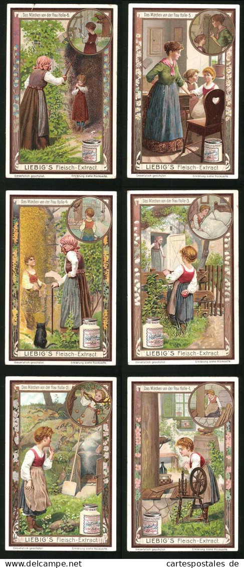6 Sammelbilder Liebig, Serie Nr. 851: Das Märchen Von Der Frau Holle, Gold, Pech, Apfel, Verletzung  - Liebig
