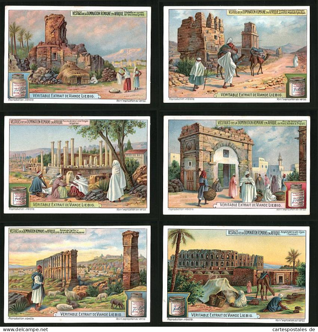 6 Sammelbilder Liebig, Serie Nr. 1106: Vestiges De La Domination Romaine En Afrique, Kamel, Tunisie, Algére, Ruine  - Liebig