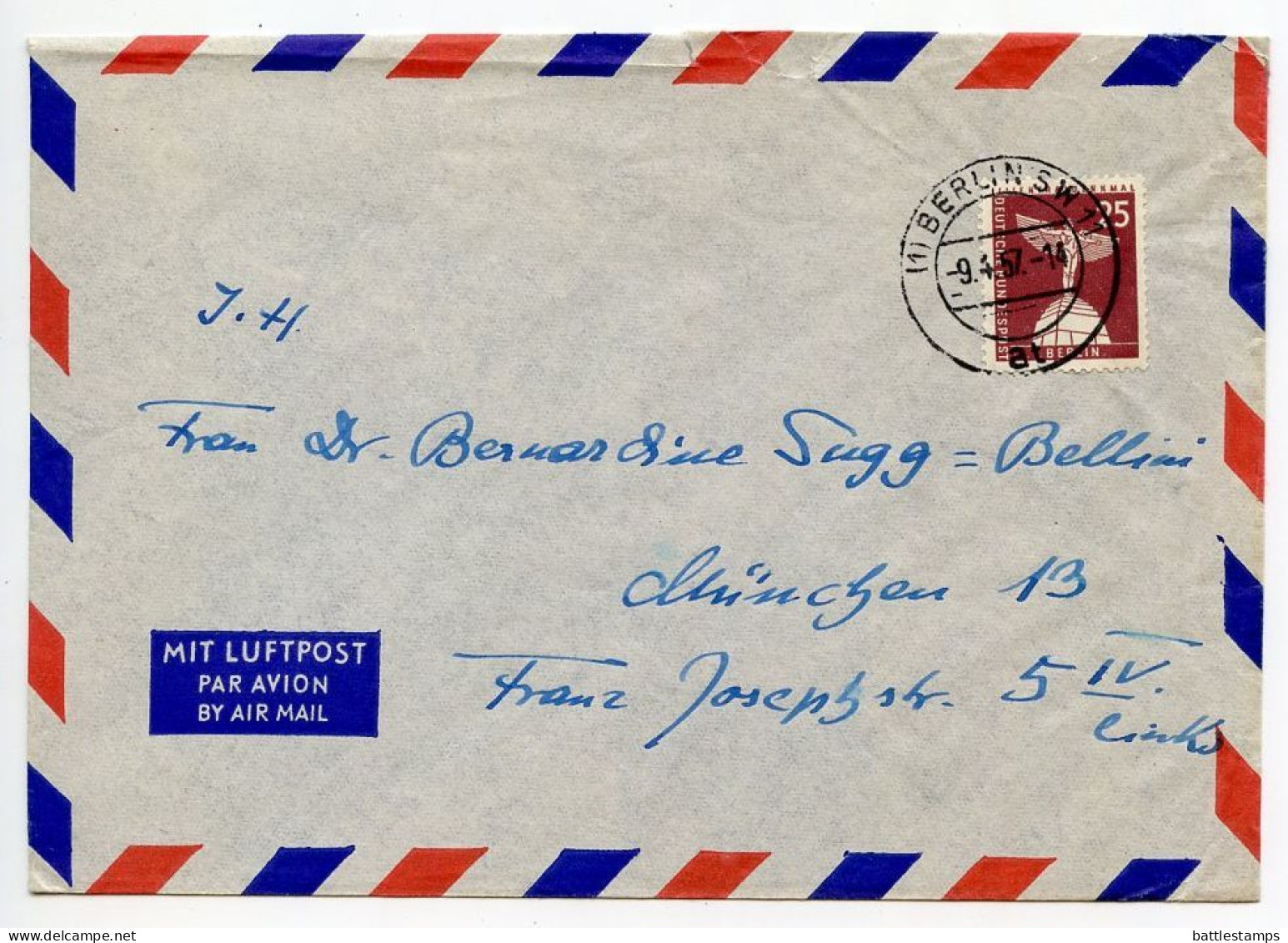 Germany, Berlin 1957 Airmail Cover; Berlin To München; 25pf. Lilienthal Monument - Briefe U. Dokumente