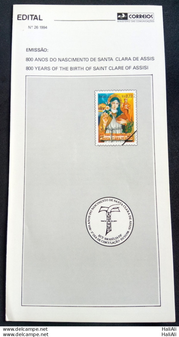 Brazil Brochure Edital 1994 26 Santa Clara De Assis Religion Without Stamp - Briefe U. Dokumente