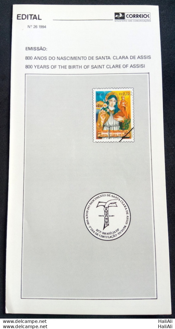 Brazil Brochure Edital 1994 26 Santa Clara De Assis Religion Without Stamp - Lettres & Documents