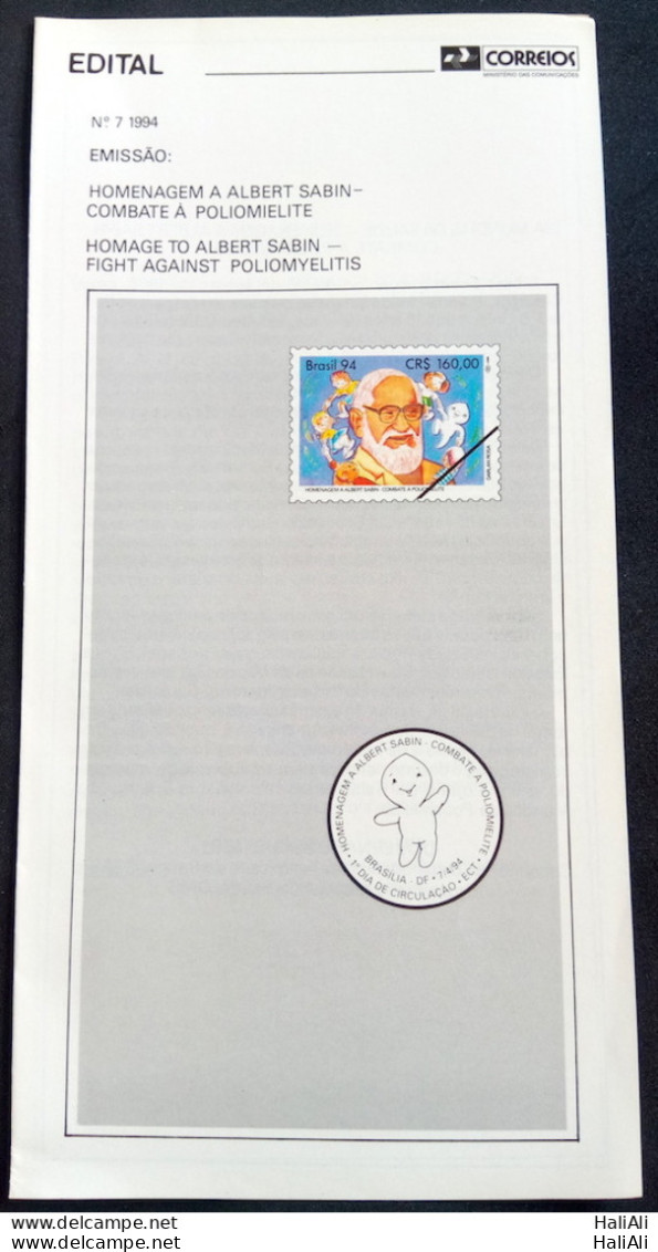 Brazil Brochure Edital 1994 07 Albert Sabin Health Without Stamp - Briefe U. Dokumente