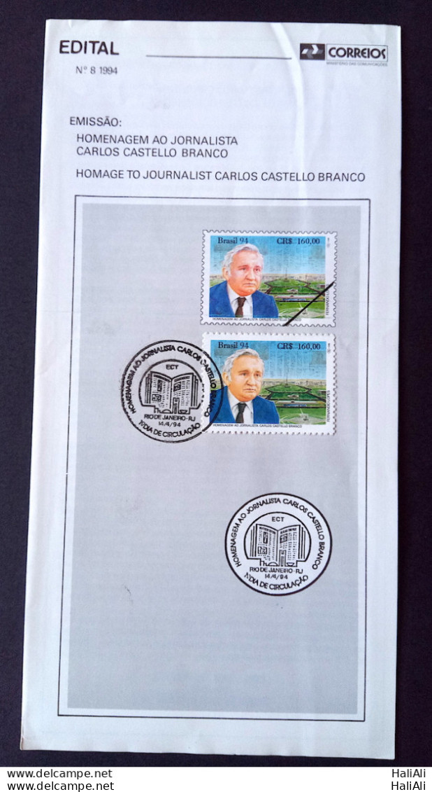 Brazil Brochure Edital 1994 08 Journalist Carlos Castello Branco With Stamp CBC RJ - Lettres & Documents