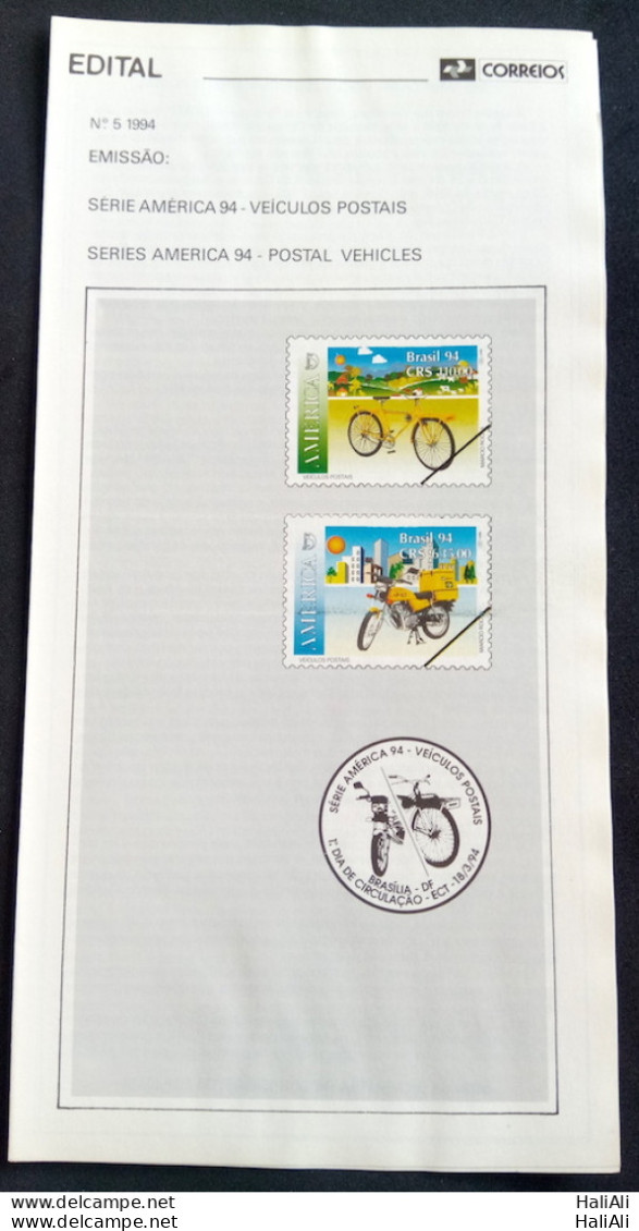 Brazil Brochure Edital 1994 05 Feature Stamp Bike Vehicles Without Stamp - Brieven En Documenten