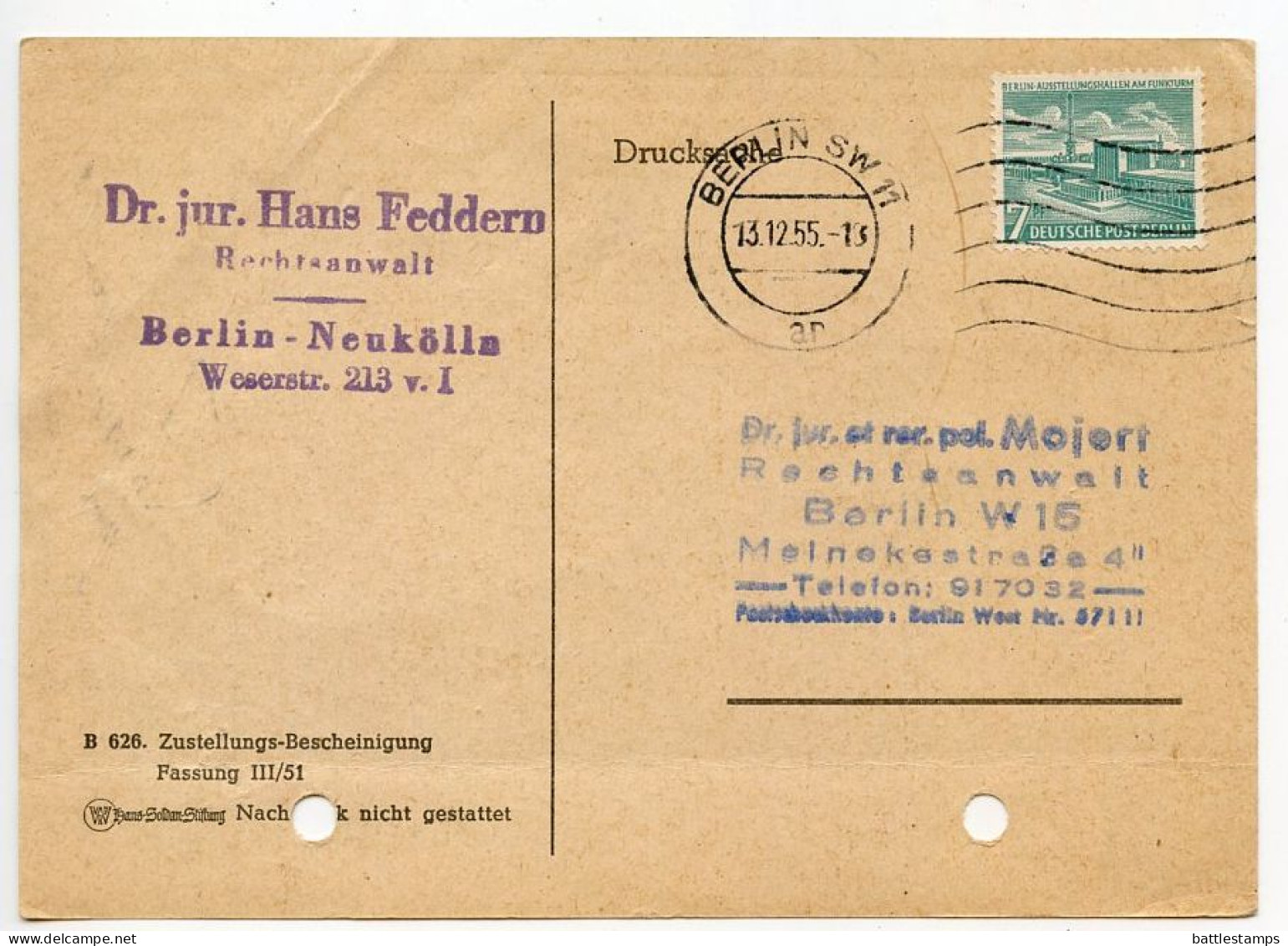 Germany, Berlin 1955 Zustellungs-Bescheinigung Postcard - Berlin Machine Cancel; 7pf. Exposition Halls Stamp - Briefe U. Dokumente