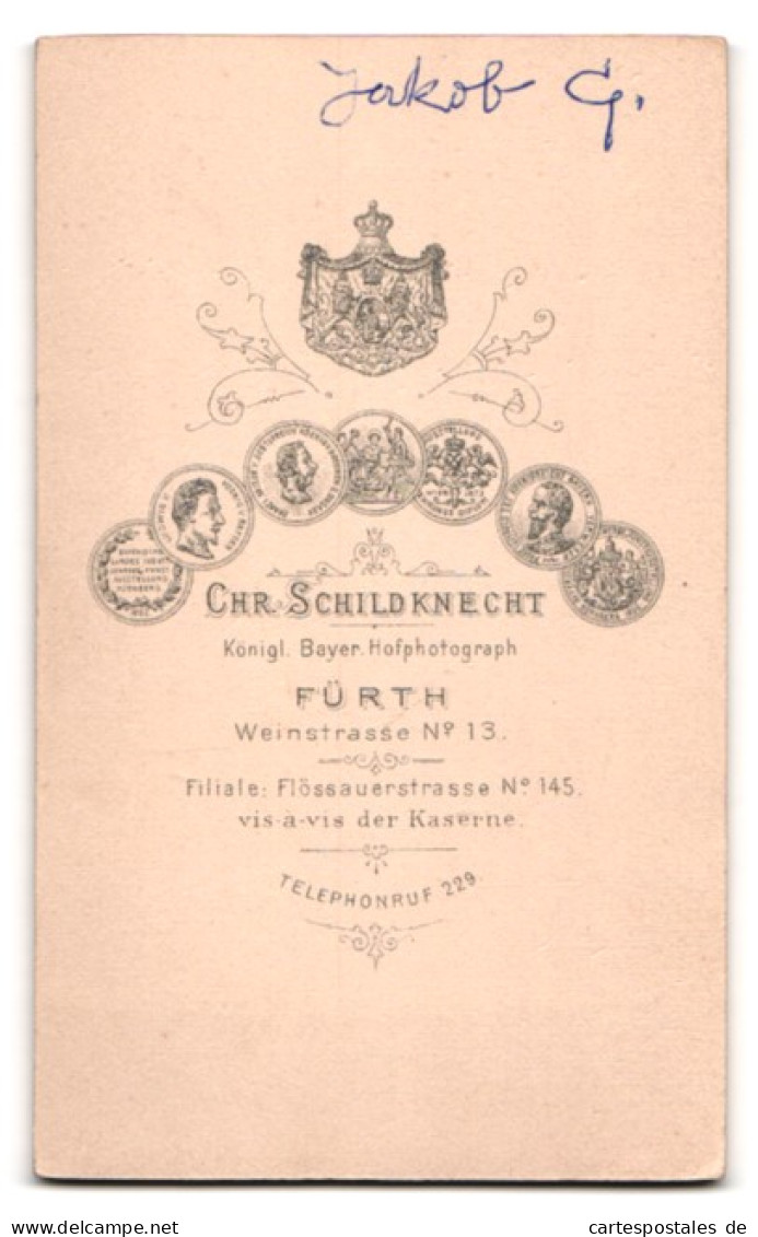 Fotografie Chr. Schildknecht, Fürth, Weinstr. 13, Portrait Soldat Jakob G. In Uniform Mit Säbel Und Portepee  - Anonymous Persons