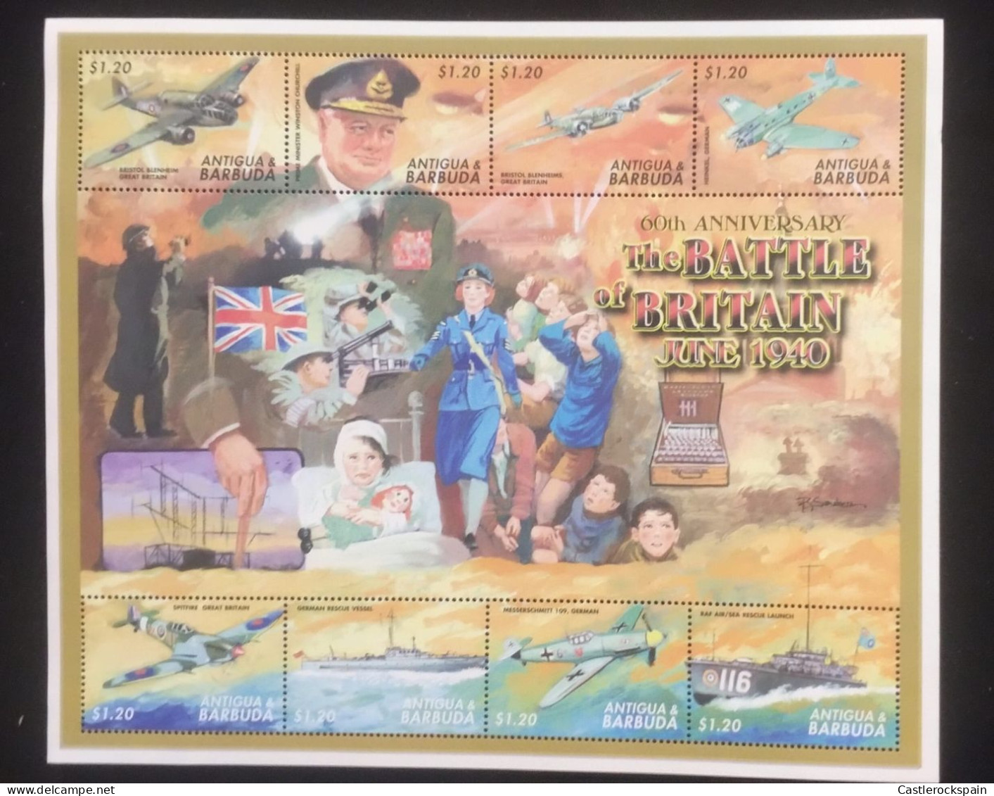 O) 2000 ANTIGUA AND BARBUDA, BATTLE  OF BRITAN, BRISTOL BLENHEIM, WINSTON CHURCHILL, BARRAGE BALLOON, HEINKEL, SPITFIRE, - Antigua And Barbuda (1981-...)