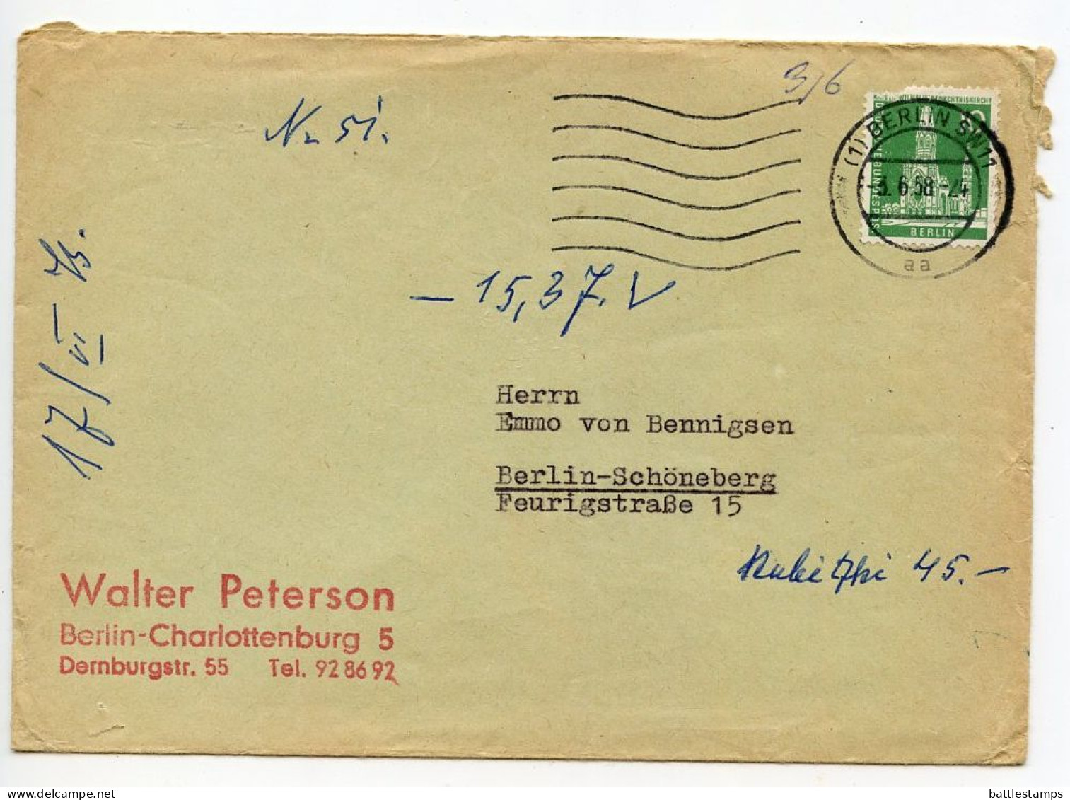 Germany, Berlin 1958 Cover; Berlin To Berlin-Schöneberg; 10pf. Kaiser Wilhelm Memorial Church Stamp - Briefe U. Dokumente