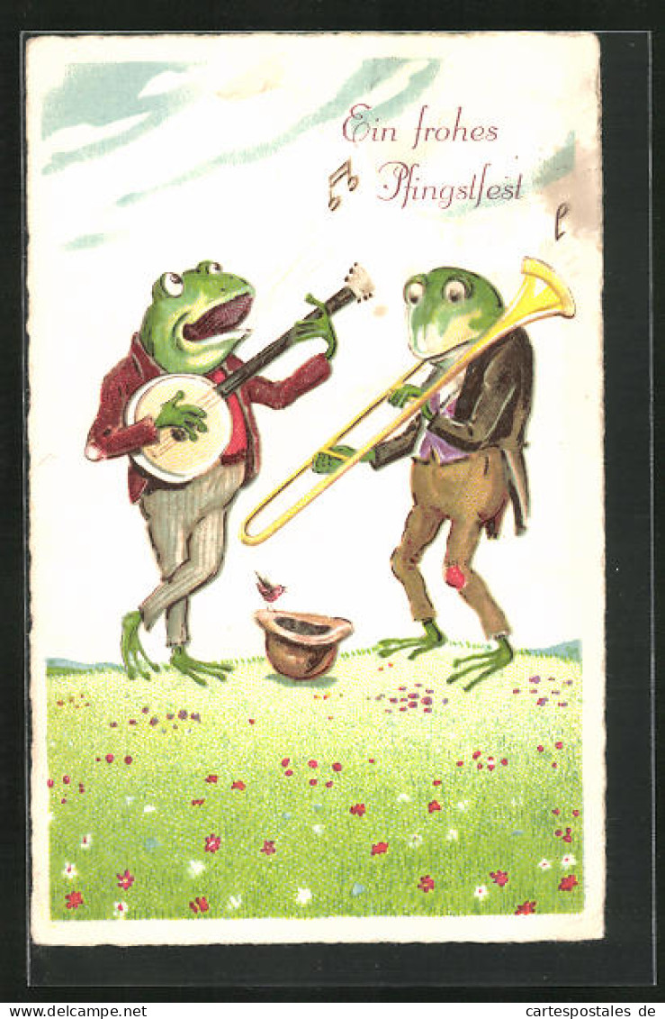 AK Zwei Frosch-Herren Singen Und Musizieren Auf Musikinstrumenten  - Autres & Non Classés