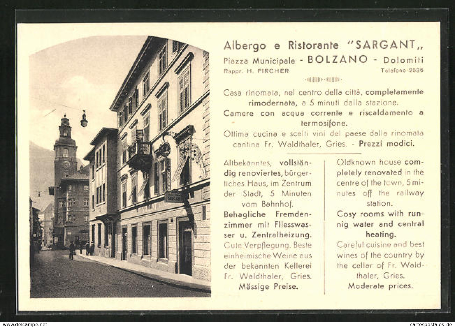 Cartolina Bolzano, Albergo E Ristorante Sargant, Piazza Municipale  - Bolzano