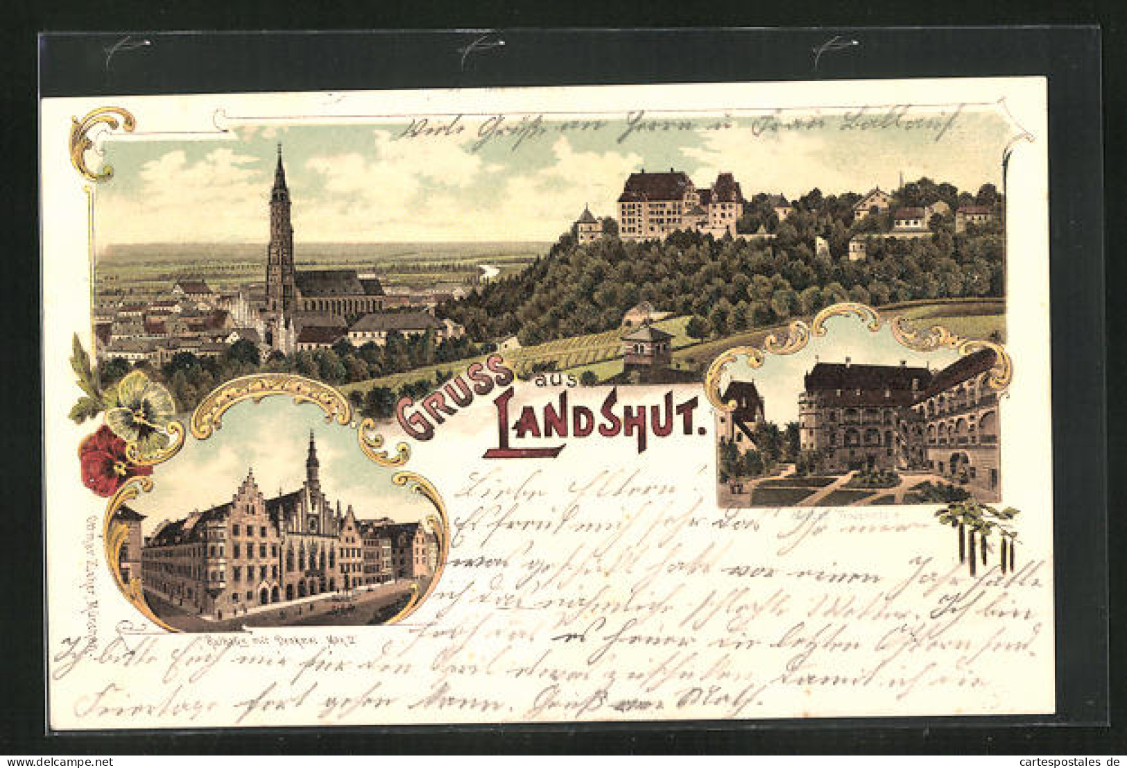 Lithographie Landshut, Teilansicht, Rathaus Mit Denkmal Max II. Schloss Trausnitz  - Landshut