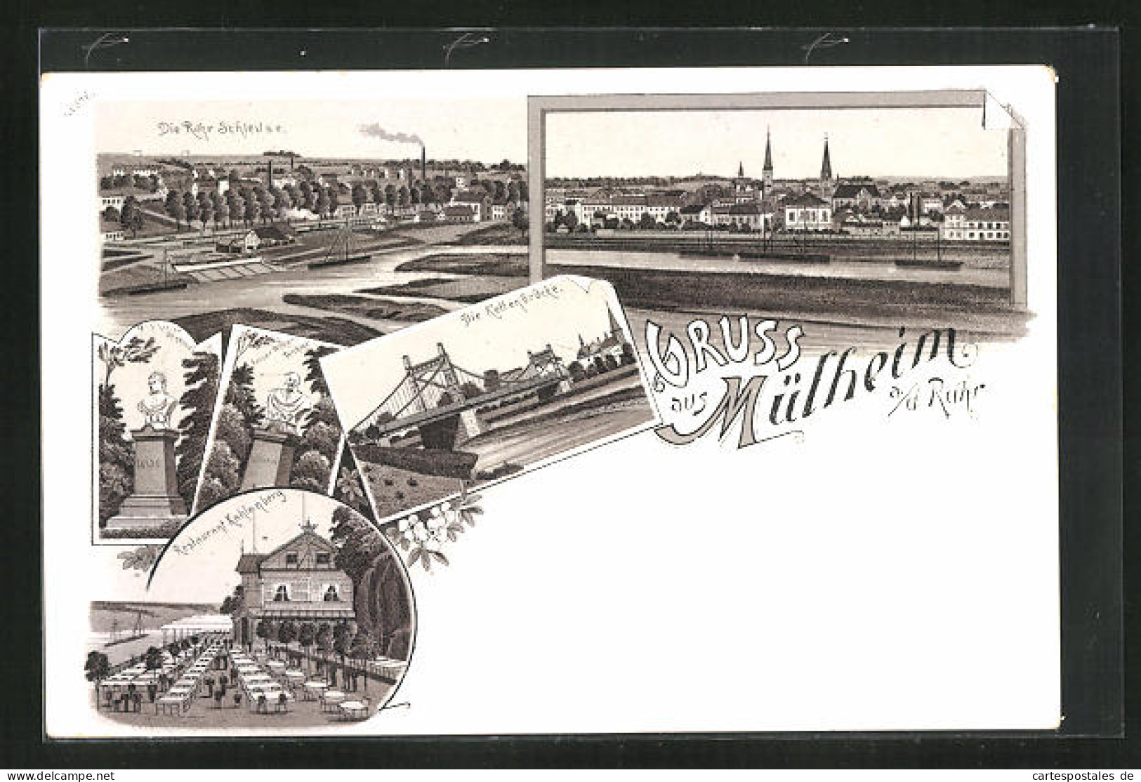 Lithographie Mülheim A. D. Ruhr, Restaurant Kahlenberg, Kettenbrücke, Königin Luise Denkmal  - Muelheim A. D. Ruhr