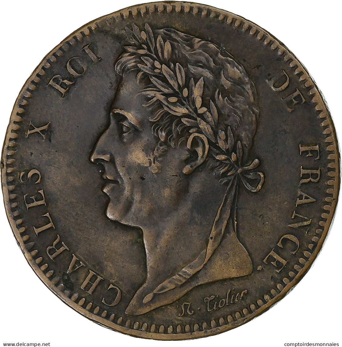 Guyane Française, Charles X, 10 Centimes, 1827, La Rochelle, Bronze, TTB+ - Sonstige & Ohne Zuordnung