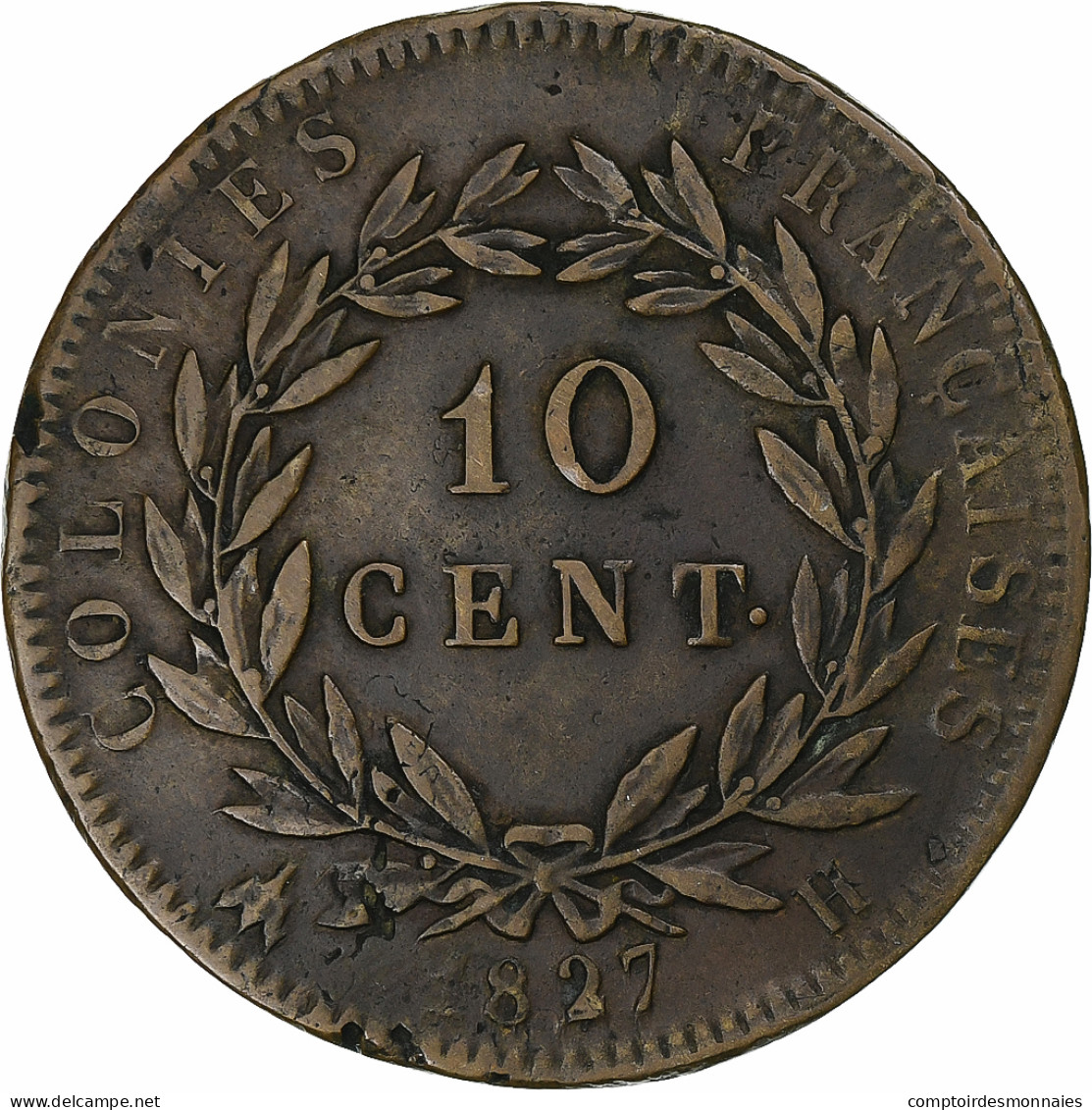 Guyane Française, Charles X, 10 Centimes, 1827, La Rochelle, Bronze, TTB+ - Sonstige & Ohne Zuordnung