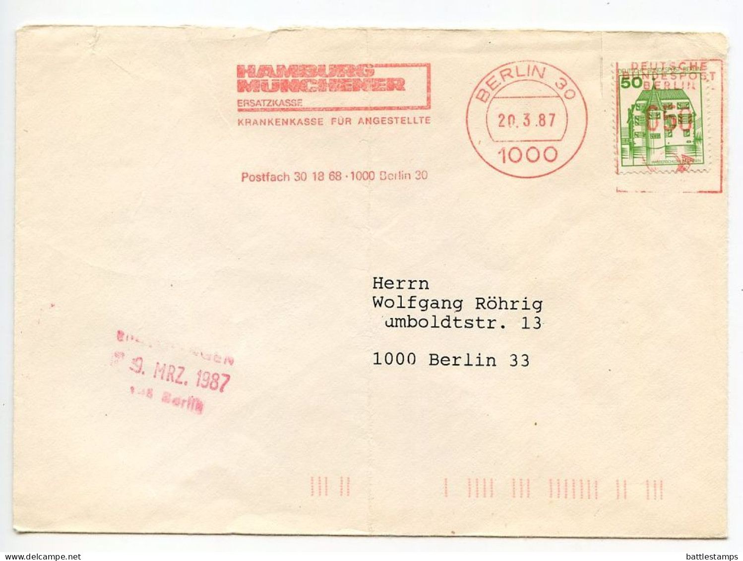 Germany, Berlin 1987 50pf. Meter Cover; Hamburg Münchener Slogan Cancel; Additional 50pf. Inzlingen Castle Stamp - Frankeermachines (EMA)