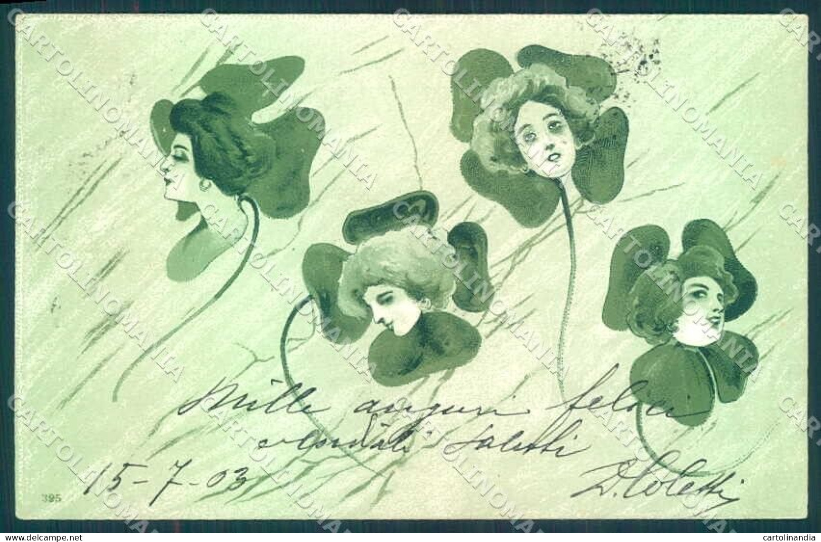 Artist Signed Kirchner Style Lady Four Leaf Clover Art Nouveau Pc VK8890 - Altri & Non Classificati