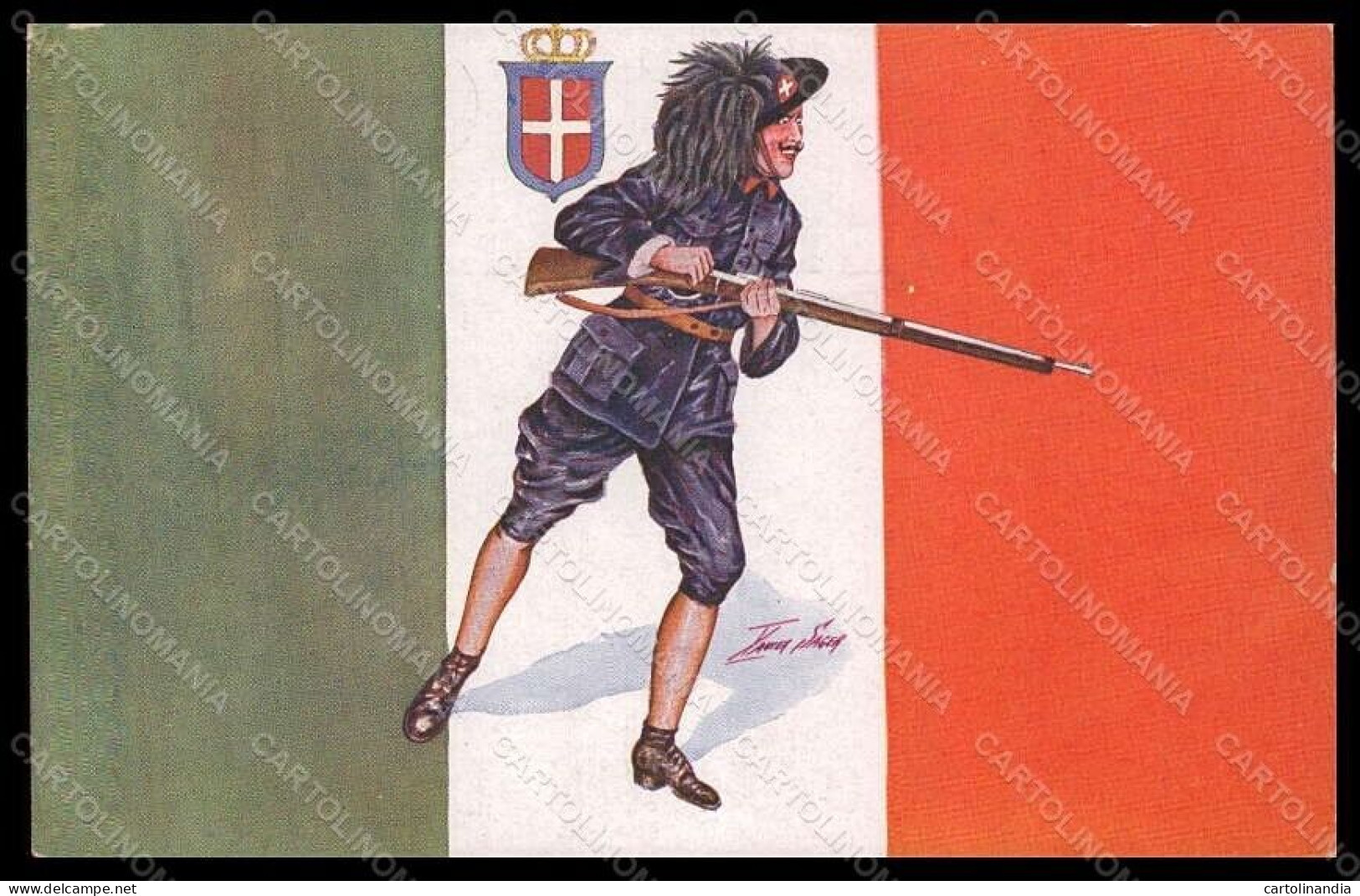 Artist Signed Sager Soldier Bersaglieri Tricolore Propaganda WW1 Italy Pc VK7309 - Otros & Sin Clasificación