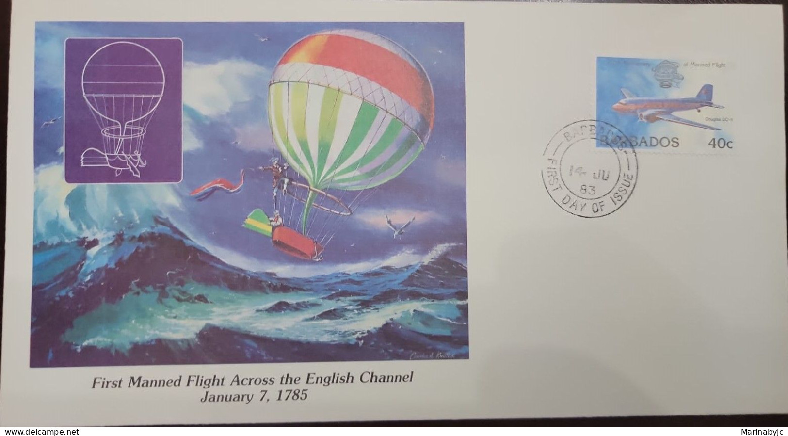 D)1983, BARBADOS, FIRST DAY COVER, ISSUE, FIRST MANNED FLIGHT ACROSS THE ENGLISH CHANNEL, FDC - Barbados (1966-...)