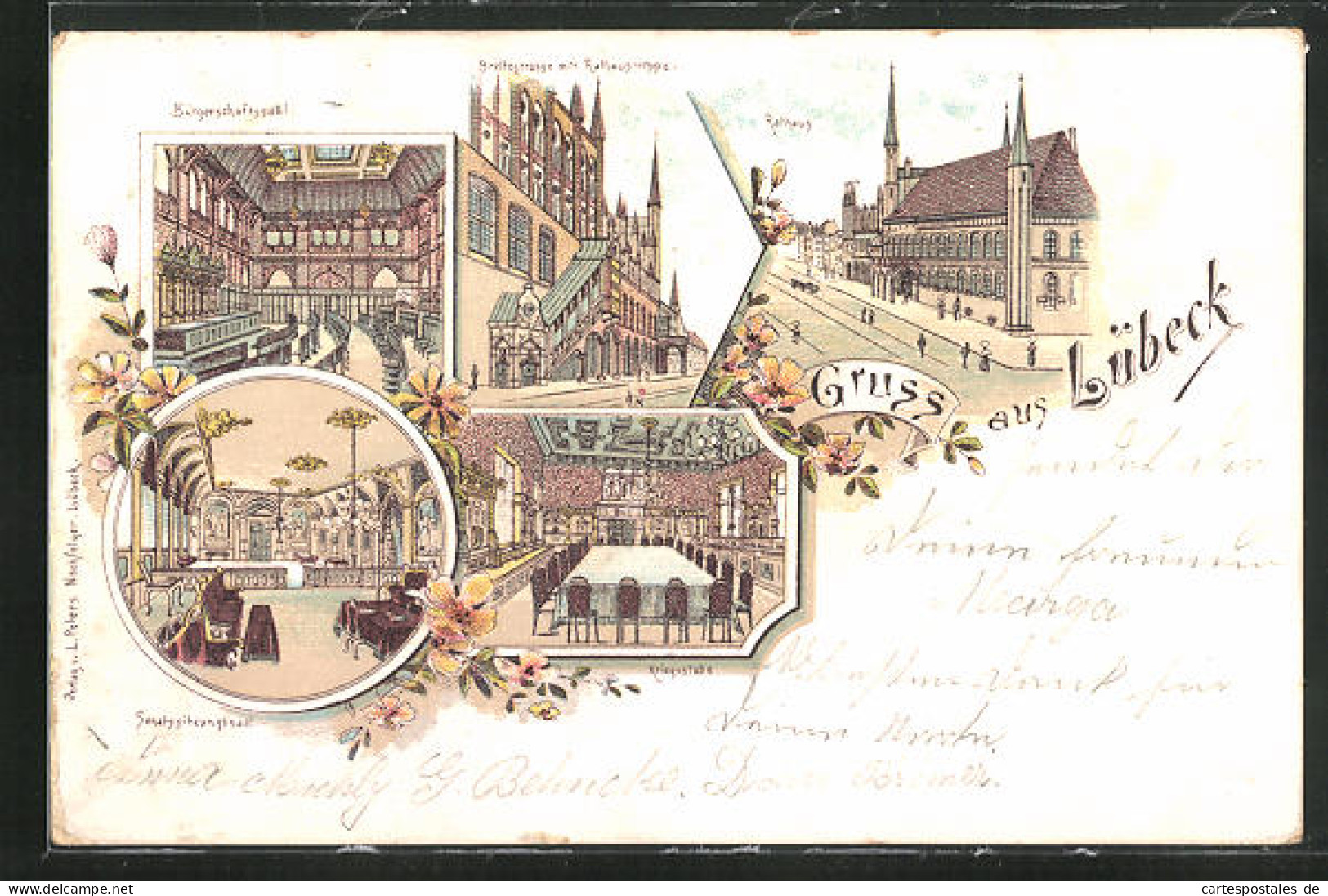 Lithographie Lübeck, Breitestrasse Mit Rathaustreppe, Rathaus, Aussen- Und Innenansichten  - Luebeck