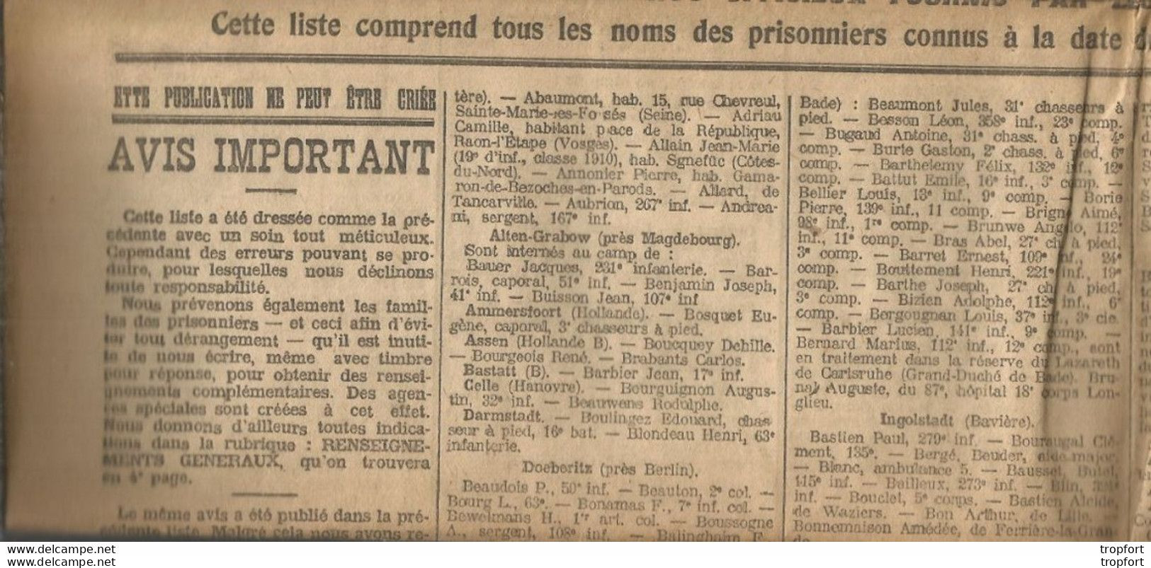 RARE JOURNAL DES PRISONNIERS MILITAIRES Internés En Allemagne Liste MILITARIA MILITAIRE WW1 - Historical Documents