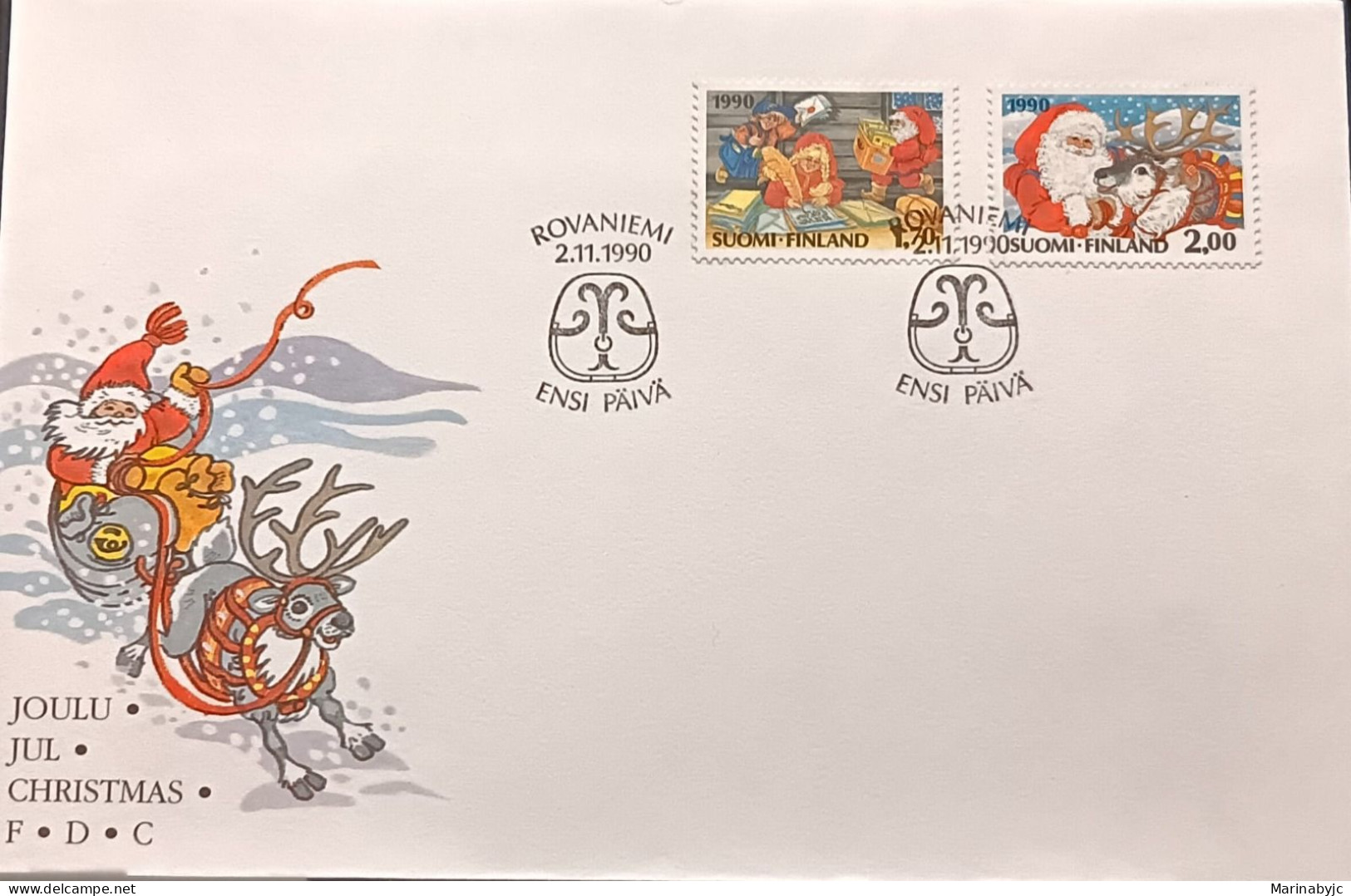 D)1990, FINLAND, FIRST DAY COVER, ISSUE, CHRISTMAS IN FINLAND, SANTA CLAUS, REINDEER, FDC - Other & Unclassified