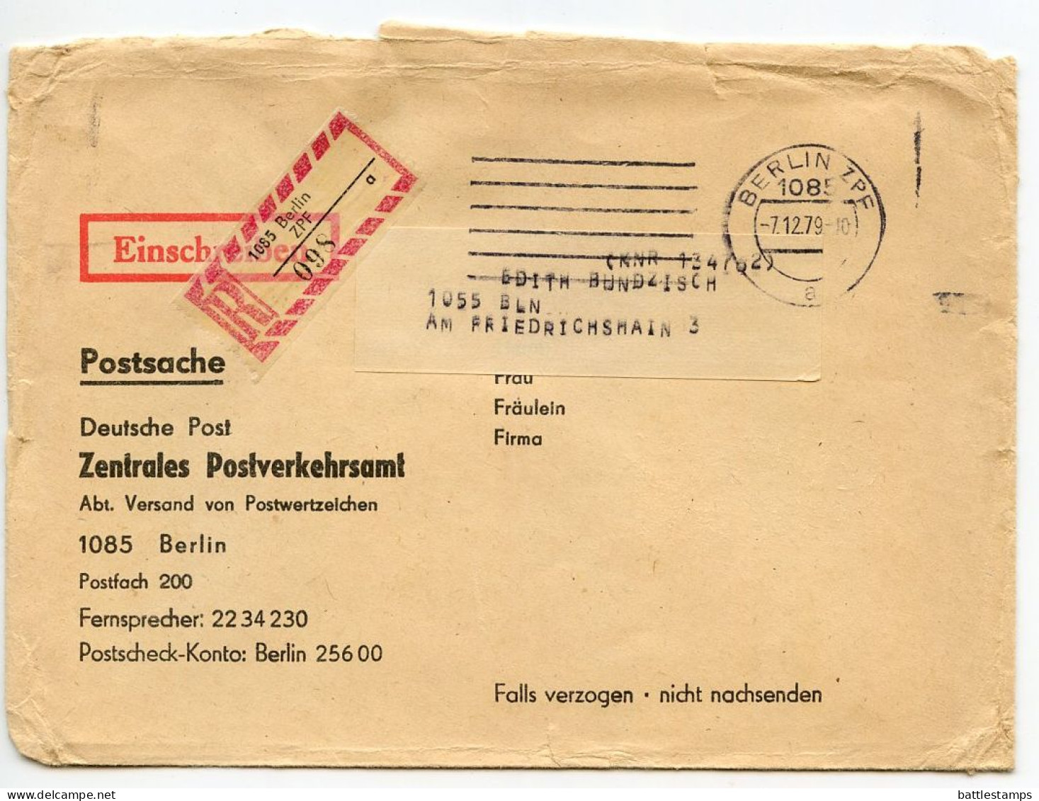 Germany, East 1979 Registered Cover; Berlin ZPF Cancel & Registration Label; Deutsche Post, Zentrales Postverkehrsamt - Brieven En Documenten