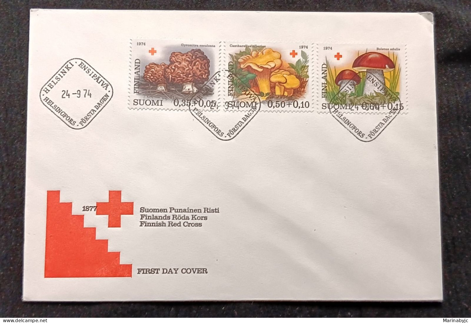 D)1974, FINLAND, FIRST DAY COVER, ISSUE, RED CROSS, MUSHROOMS, BONNET FUNGUS, REBOZUELO, FUNGUS, FDC - Autres & Non Classés