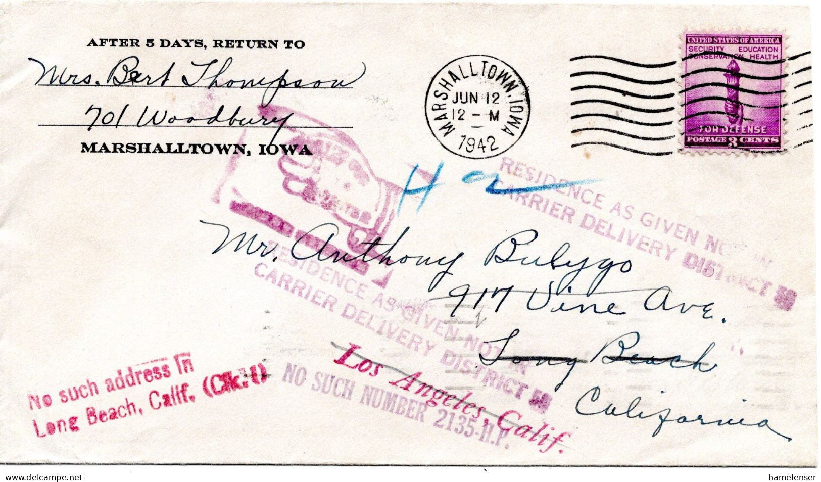 77422 - USA - 1942 - 3¢ Verteidigung EF A Bf MARSHALLTOWN, IA -> Long Beach, CA, Nachges & Zurueck An Abs - Cartas & Documentos