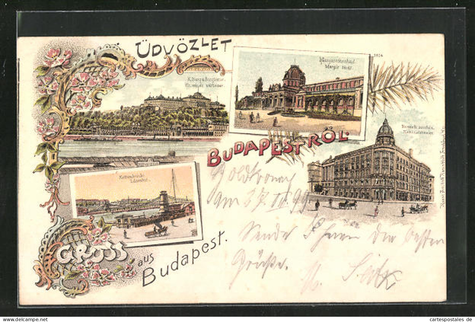 Lithographie Budapest, Lanczhid, Magir Fürdö, Nemzeti Szinház  - Hungary