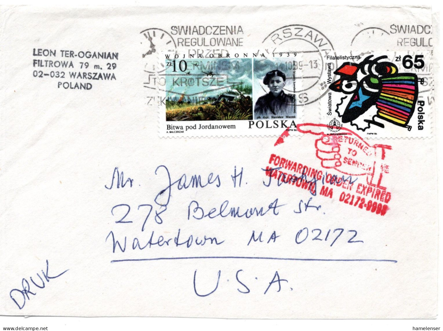 77423 - Polen - 1989 - 65Zl Briefmarkenausstellung MiF A DrucksBf WARSZAWA - ... -> Watertown, MA (USA), Zurueck An Abs - Briefe U. Dokumente