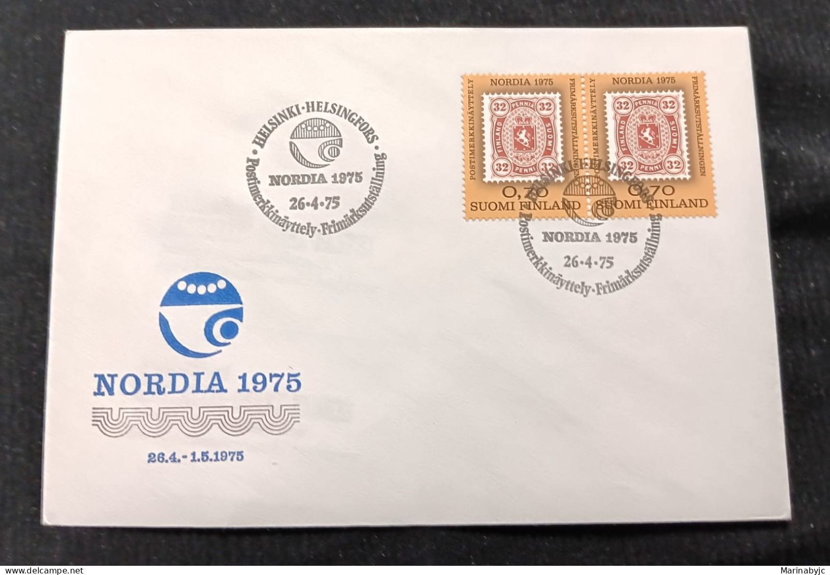 D)1990, FINLAND, FIRST DAY COVER, ISSUE, PHILATELIC EXHIBITION "NORDIA'75" BLOCK OF 2 STAMPS, FDC - Other & Unclassified