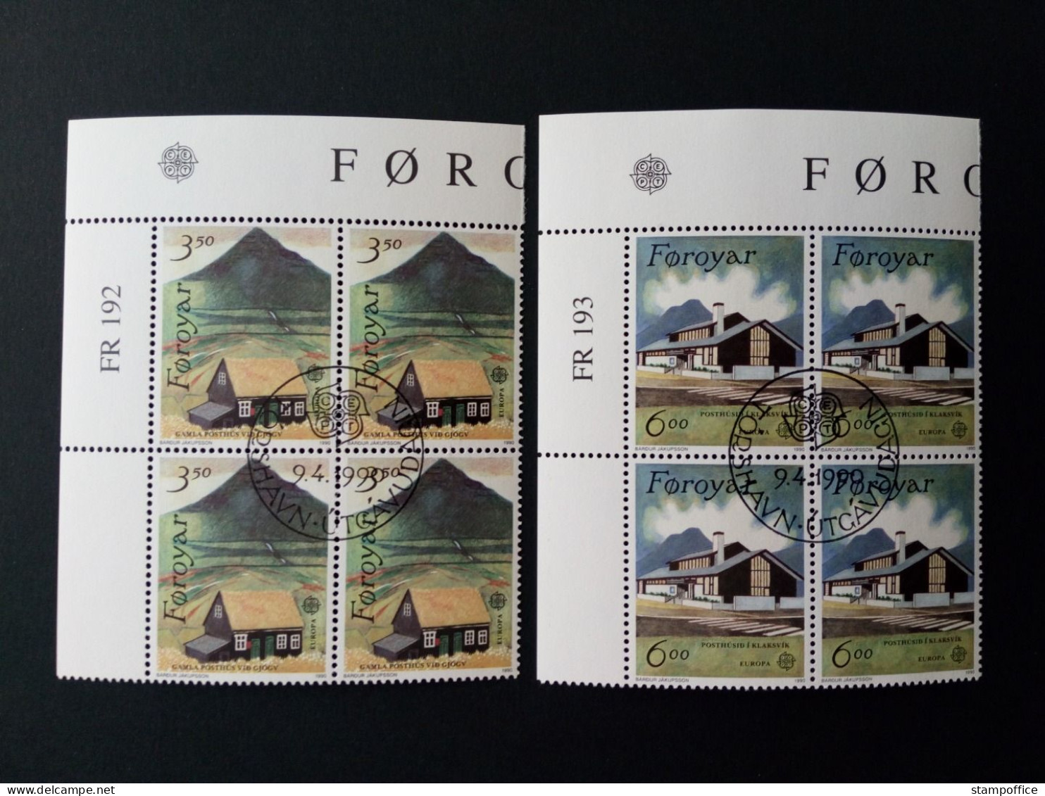 FÄRÖER MI-NR. 198-199 GESTEMPELT(USED) 4er BLOCK EUROPA 1990 POSTALISCHE EINRICHTUNGEN - 1990