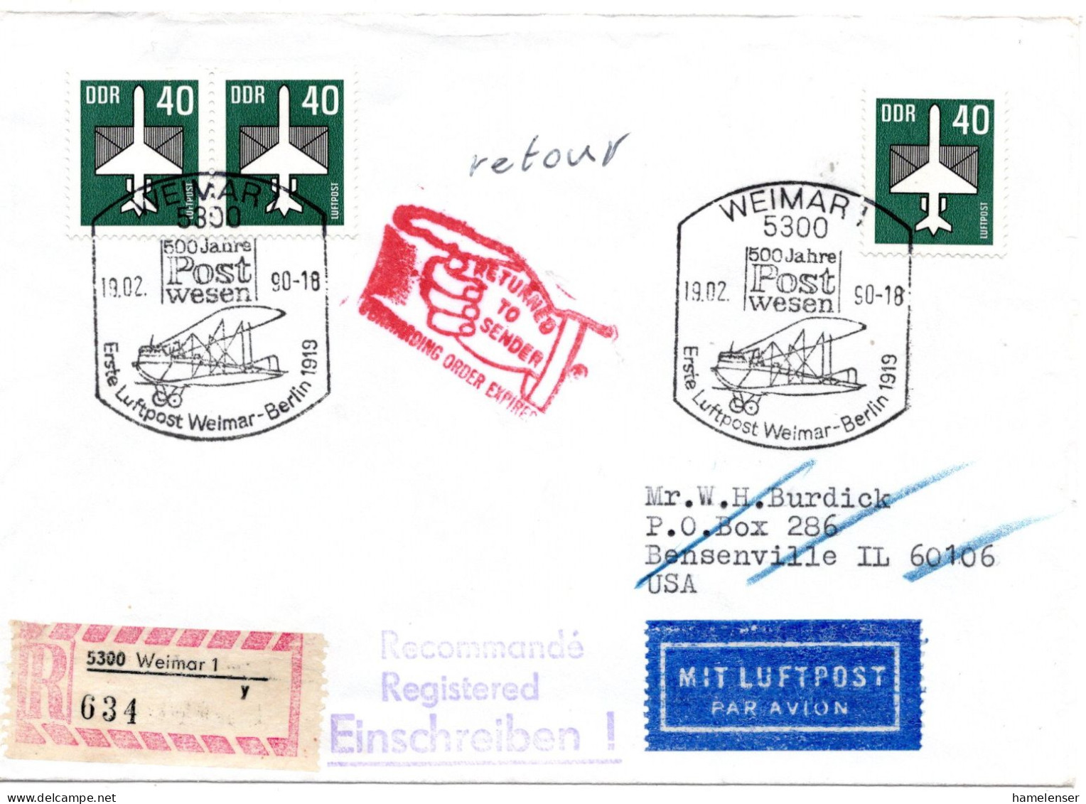 77429 - DDR - 1990 - 3@40Pfg Luftpost A R-LpBf SoStpl WEIMAR - 500 JAHRE POST -> Bensenville, IL (USA), Zurueck An Abs - Storia Postale